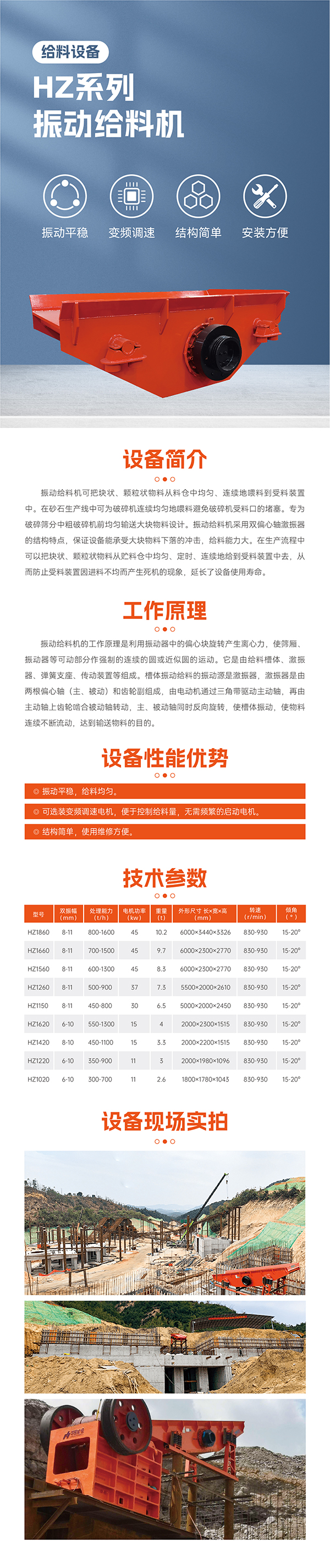 振動平穩(wěn)，給料均勻。 可選裝變頻調(diào)速電機，便于控制；給料量，無需頻繁的啟動電機。  結(jié)構(gòu)簡單，使用維修方便。 最大標準型號HZ1860振動給料機標配45KW電機 雙振幅 8-11mm  重量10.2噸，轉(zhuǎn)速830-930R/min  安裝傾角 15-20度， 處理量可達800-1600噸  適合大型生產(chǎn)線礦山項目使用一般使用在時產(chǎn)1000-2000噸，此系列振動給料機可根據(jù)具體客戶實際需要加大尺寸響應(yīng)提升給料效率！